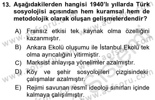 Türkiye´de Sosyoloji Dersi 2022 - 2023 Yılı (Vize) Ara Sınavı 13. Soru