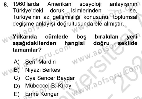 Türkiye´de Sosyoloji Dersi 2022 - 2023 Yılı (Final) Dönem Sonu Sınav Soruları 8. Soru