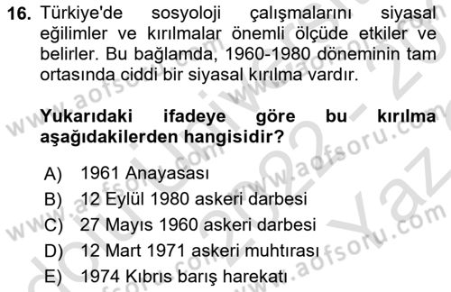 Türkiye´de Sosyoloji Dersi 2022 - 2023 Yılı Yaz Okulu Sınav Soruları 16. Soru