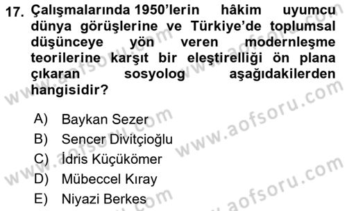 Türkiye´de Sosyoloji Dersi 2022 - 2023 Yılı Yaz Okulu Sınav Soruları 17. Soru