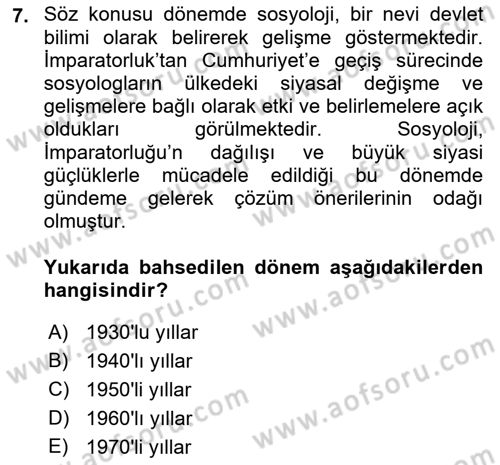 Türkiye´de Sosyoloji Dersi 2022 - 2023 Yılı Yaz Okulu Sınav Soruları 7. Soru