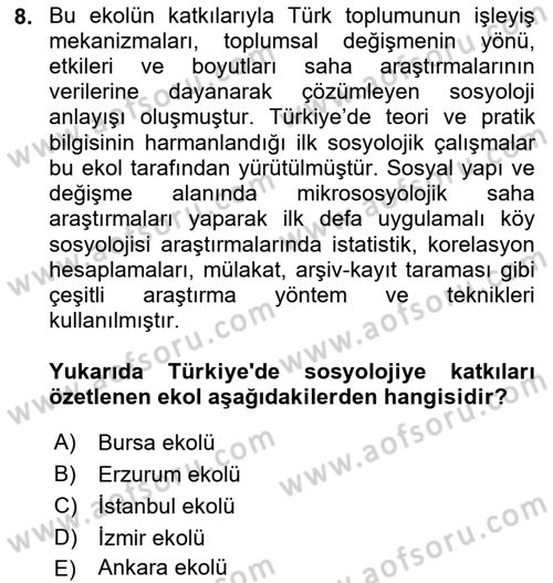 Türkiye´de Sosyoloji Dersi 2022 - 2023 Yılı Yaz Okulu Sınav Soruları 8. Soru