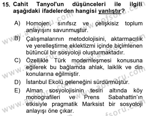 Türkiye´de Sosyoloji Dersi 2023 - 2024 Yılı (Vize) Ara Sınav Soruları 15. Soru