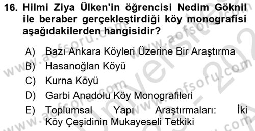 Türkiye´de Sosyoloji Dersi Ara Sınavı Deneme Sınav Soruları 16. Soru