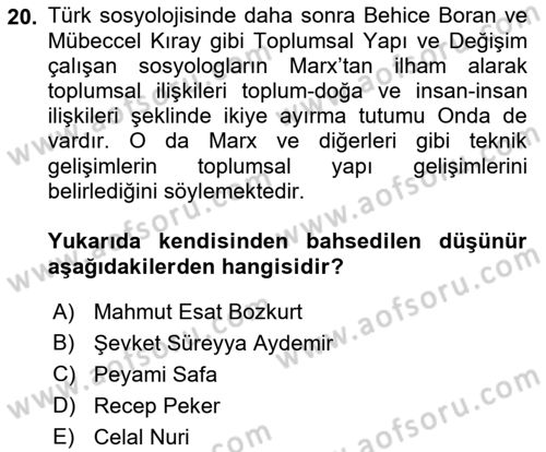 Türkiye´de Sosyoloji Dersi Ara Sınavı Deneme Sınav Soruları 20. Soru