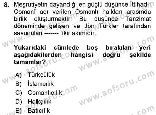 Türkiye´de Sosyoloji Dersi Ara Sınavı Deneme Sınav Soruları 8. Soru