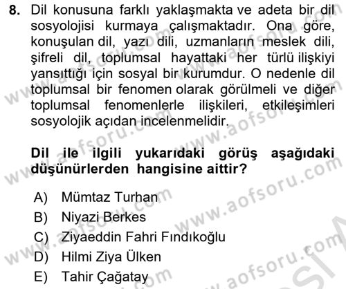 Türkiye´de Sosyoloji Dersi 2023 - 2024 Yılı (Final) Dönem Sonu Sınav Soruları 8. Soru