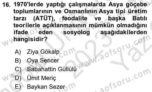Türkiye´de Sosyoloji Dersi 2023 - 2024 Yılı Yaz Okulu Sınav Soruları 16. Soru
