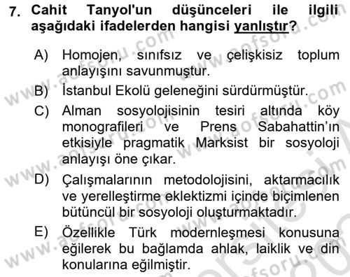 Türkiye´de Sosyoloji Dersi 2023 - 2024 Yılı Yaz Okulu Sınav Soruları 7. Soru