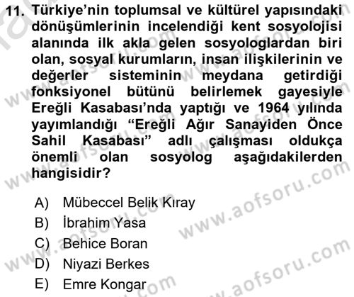 Türkiye´de Sosyoloji Dersi Ara Sınavı Deneme Sınav Soruları 11. Soru