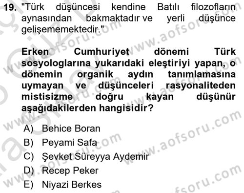 Türkiye´de Sosyoloji Dersi Ara Sınavı Deneme Sınav Soruları 19. Soru