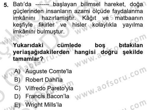 Türkiye´de Sosyoloji Dersi Ara Sınavı Deneme Sınav Soruları 5. Soru