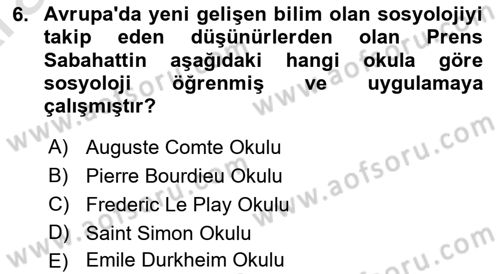 Türkiye´de Sosyoloji Dersi Ara Sınavı Deneme Sınav Soruları 6. Soru