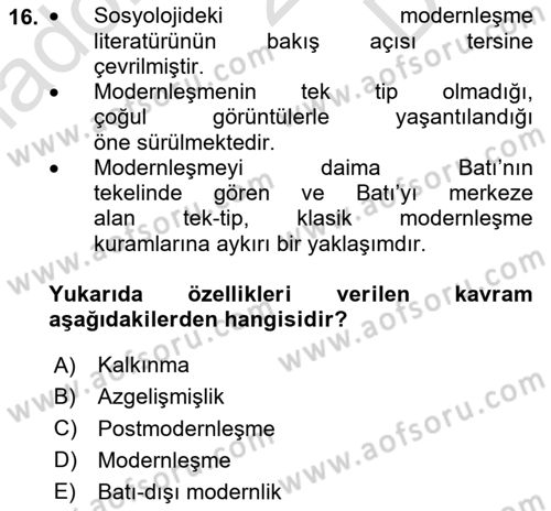 Türkiye´de Sosyoloji Dersi 2024 - 2025 Yılı (Final) Dönem Sonu Sınav Soruları 16. Soru