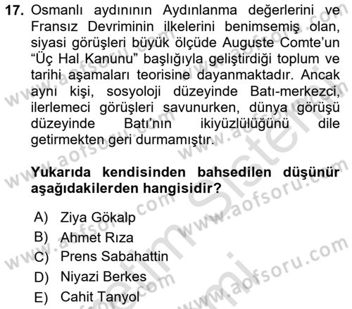Türkiye´de Sosyoloji Dersi 2024 - 2025 Yılı (Final) Dönem Sonu Sınav Soruları 17. Soru
