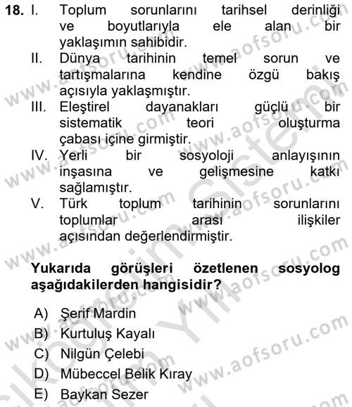 Türkiye´de Sosyoloji Dersi 2024 - 2025 Yılı Yaz Okulu Sınav Soruları 18. Soru