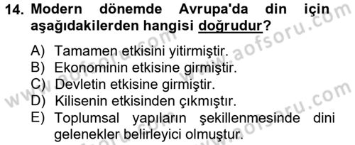 Din ve Toplum Dersi 2012 - 2013 Yılı (Vize) Ara Sınav Soruları 14. Soru