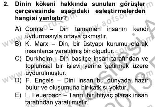 Din ve Toplum Dersi 2012 - 2013 Yılı (Vize) Ara Sınav Soruları 2. Soru