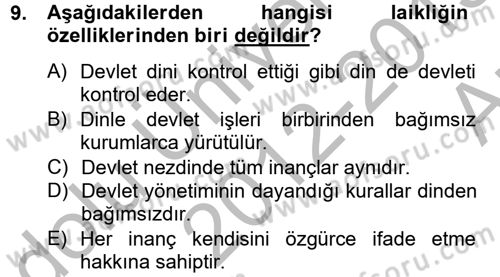 Din ve Toplum Dersi 2012 - 2013 Yılı (Vize) Ara Sınav Soruları 9. Soru