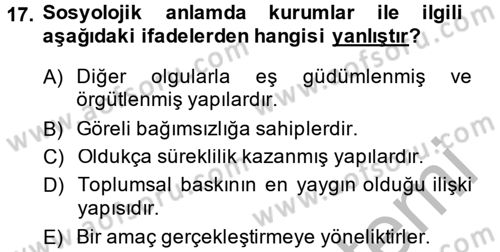 Din ve Toplum Dersi 2013 - 2014 Yılı (Vize) Ara Sınav Soruları 17. Soru