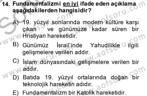 Din ve Toplum Dersi 2014 - 2015 Yılı (Final) Dönem Sonu Sınav Soruları 14. Soru