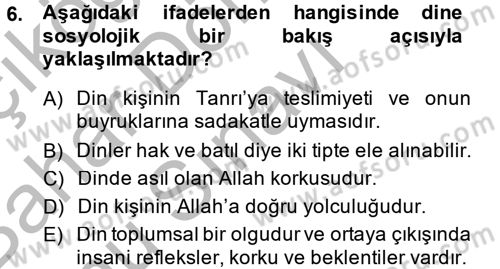 Din ve Toplum Dersi 2014 - 2015 Yılı (Final) Dönem Sonu Sınav Soruları 6. Soru