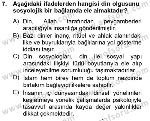 Din ve Toplum Dersi 2014 - 2015 Yılı (Final) Dönem Sonu Sınav Soruları 7. Soru