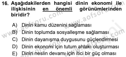 Din ve Toplum Dersi 2015 - 2016 Yılı (Vize) Ara Sınav Soruları 16. Soru