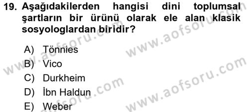 Din ve Toplum Dersi 2015 - 2016 Yılı (Vize) Ara Sınav Soruları 19. Soru