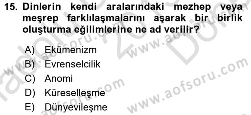 Din ve Toplum Dersi 2015 - 2016 Yılı (Final) Dönem Sonu Sınav Soruları 15. Soru