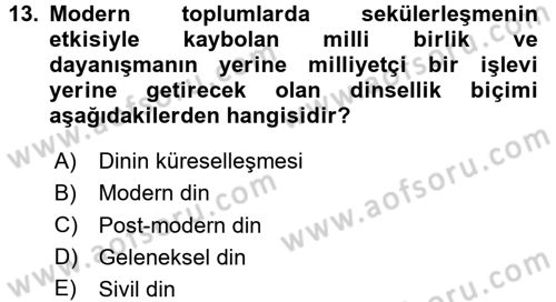 Din ve Toplum Dersi 2016 - 2017 Yılı 3 Ders Sınav Soruları 13. Soru
