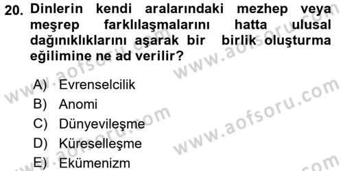 Din ve Toplum Dersi 2016 - 2017 Yılı 3 Ders Sınav Soruları 20. Soru
