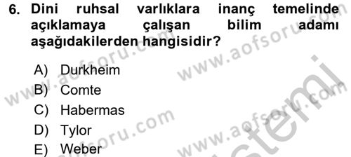 Din ve Toplum Dersi 2016 - 2017 Yılı (Vize) Ara Sınav Soruları 6. Soru