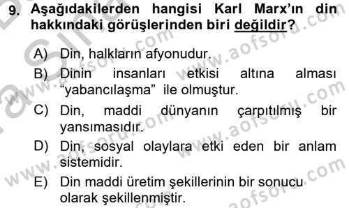 Din ve Toplum Dersi 2016 - 2017 Yılı (Vize) Ara Sınav Soruları 9. Soru