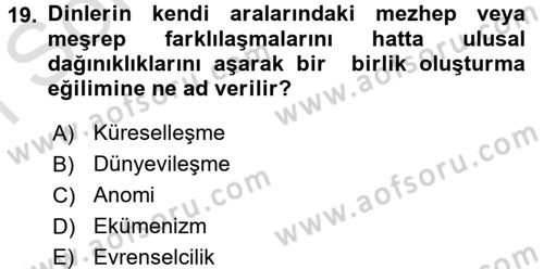 Din ve Toplum Dersi 2016 - 2017 Yılı (Final) Dönem Sonu Sınav Soruları 19. Soru