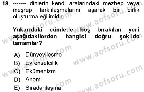 Din ve Toplum Dersi 2017 - 2018 Yılı 3 Ders Sınav Soruları 18. Soru