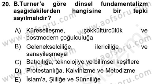 Din ve Toplum Dersi 2017 - 2018 Yılı 3 Ders Sınav Soruları 20. Soru