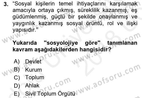 Din ve Toplum Dersi 2017 - 2018 Yılı 3 Ders Sınav Soruları 3. Soru