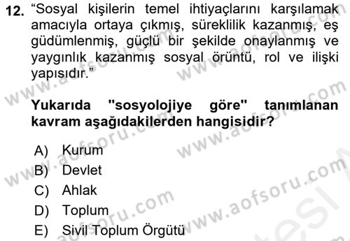 Din ve Toplum Dersi 2017 - 2018 Yılı (Vize) Ara Sınav Soruları 12. Soru