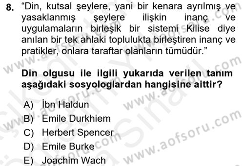 Din ve Toplum Dersi 2017 - 2018 Yılı (Vize) Ara Sınav Soruları 8. Soru