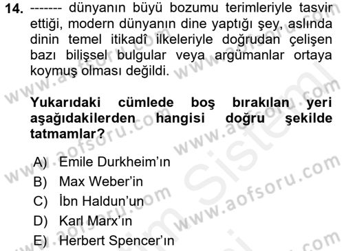 Din ve Toplum Dersi 2017 - 2018 Yılı (Final) Dönem Sonu Sınav Soruları 14. Soru