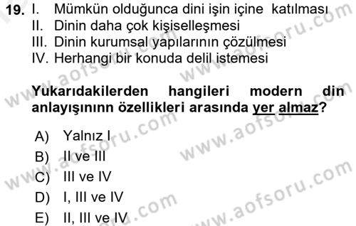 Din ve Toplum Dersi 2017 - 2018 Yılı (Final) Dönem Sonu Sınav Soruları 19. Soru