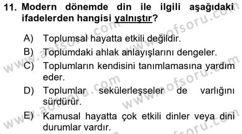 Din ve Toplum Dersi 2018 - 2019 Yılı (Vize) Ara Sınav Soruları 11. Soru
