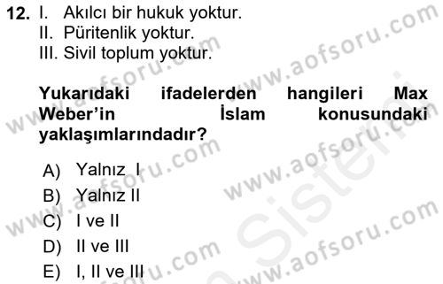Din ve Toplum Dersi 2018 - 2019 Yılı (Vize) Ara Sınav Soruları 12. Soru
