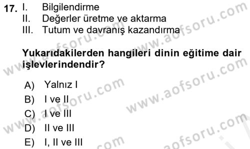 Din ve Toplum Dersi 2018 - 2019 Yılı (Vize) Ara Sınav Soruları 17. Soru
