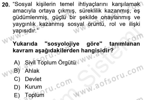 Din ve Toplum Dersi 2018 - 2019 Yılı (Vize) Ara Sınav Soruları 20. Soru