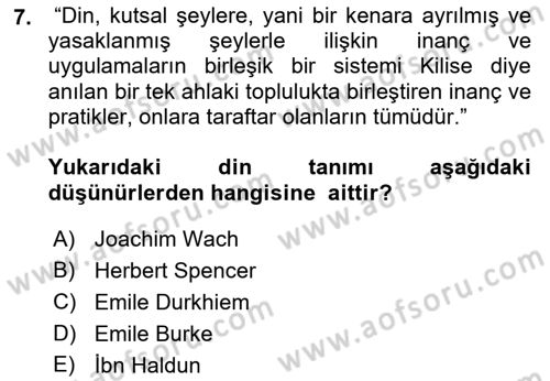 Din ve Toplum Dersi 2018 - 2019 Yılı (Vize) Ara Sınav Soruları 7. Soru