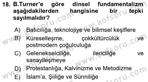 Din ve Toplum Dersi 2018 - 2019 Yılı Yaz Okulu Sınav Soruları 18. Soru