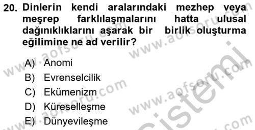 Din ve Toplum Dersi 2018 - 2019 Yılı Yaz Okulu Sınav Soruları 20. Soru