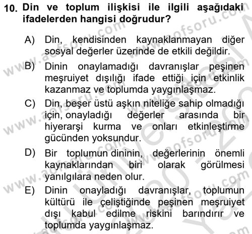 Din ve Toplum Dersi 2020 - 2021 Yılı Yaz Okulu Sınav Soruları 10. Soru